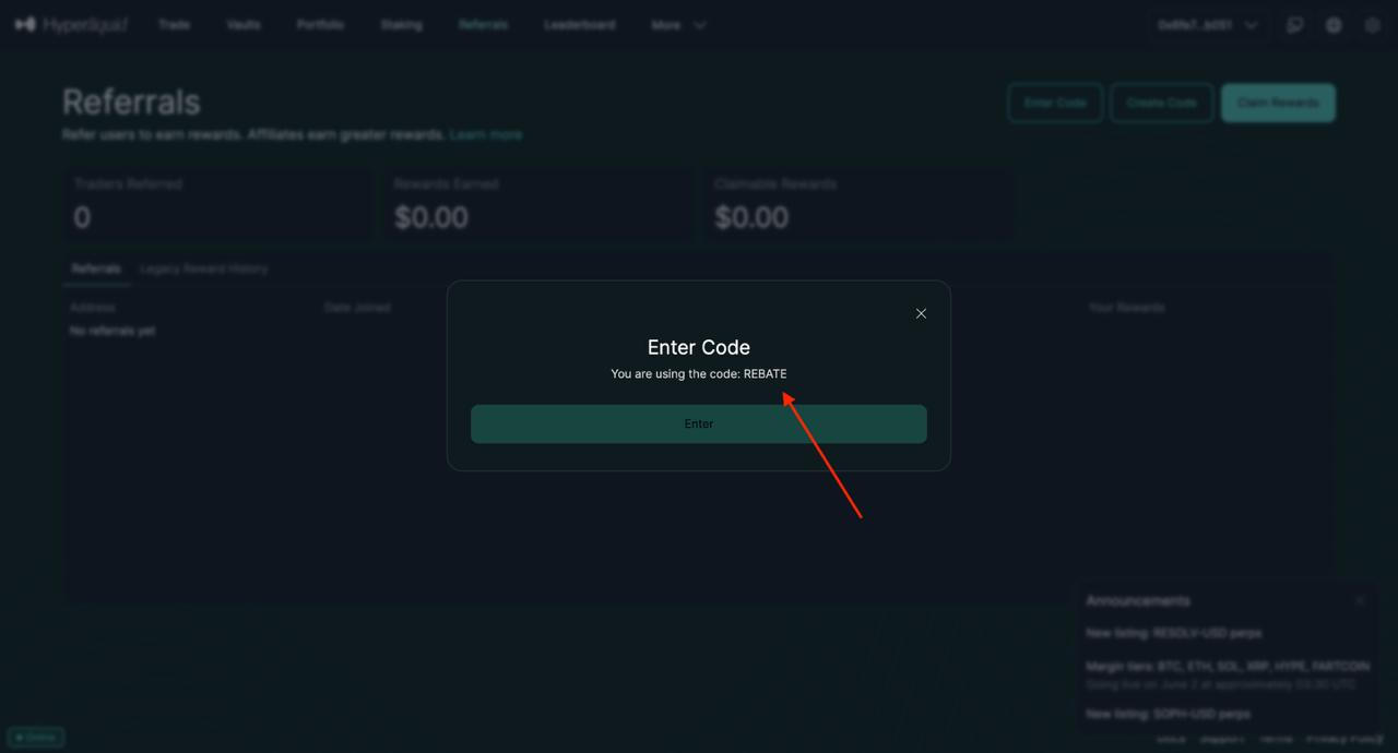 Enter the Referral Code of Hyperliquid